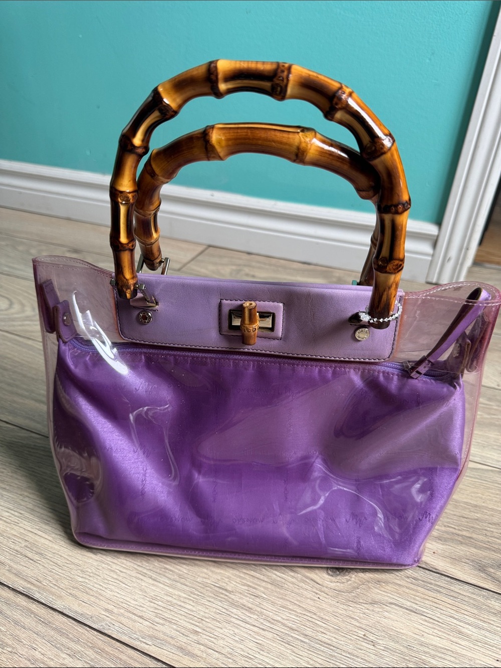 Monsac Purple Bamboo-Handle Clear Tote Bag